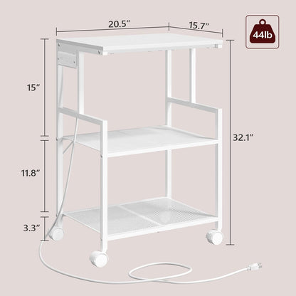 Mobile Printer Stand, 3-Tier Industrial Printer Cart with 2 AC Outlets and 2 USB Ports, Rolling Printer Table on Wheels for Home Offices Kitchen Organization Rack, White PTWT78E01