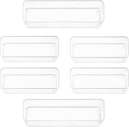 Six Pcs. Plastic Clear Drawer Organizers. Stackable Storage Trays for Kitchen Utensils and Silverware. 2 Sizes. Stackable