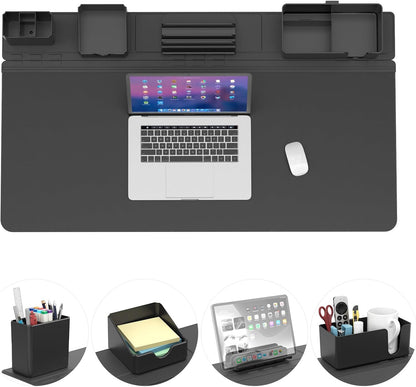 KDD Desk Pad and Magnetic Organizer Set - 5 in 1 Large Mouse Mat with Phone Stand, Cup Holder, Pen Holder, Storage Box & Card Case, Multifunction DIY Desktop Storage Accessories for Office and Home