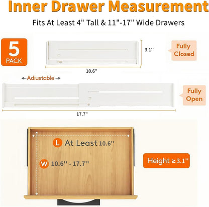 5 Pack Drawer Dividers 3.1" Slim Height Drawer Separators, Non-Slip Plastic Drawer Organizers Expandable 10.6"-17.7" for Shallow Drawers,Kitchen & Clothes Storage, Adjustable Office Drawer Divider