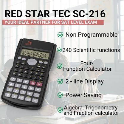 SC 216 Non Graphing Scientific Calculator for School by Red Star Tec – Black Math Calculator with 240 Functions, SAT Exam Ready, 2-Line Display, Trigonometry, Algebra & Statistics Support