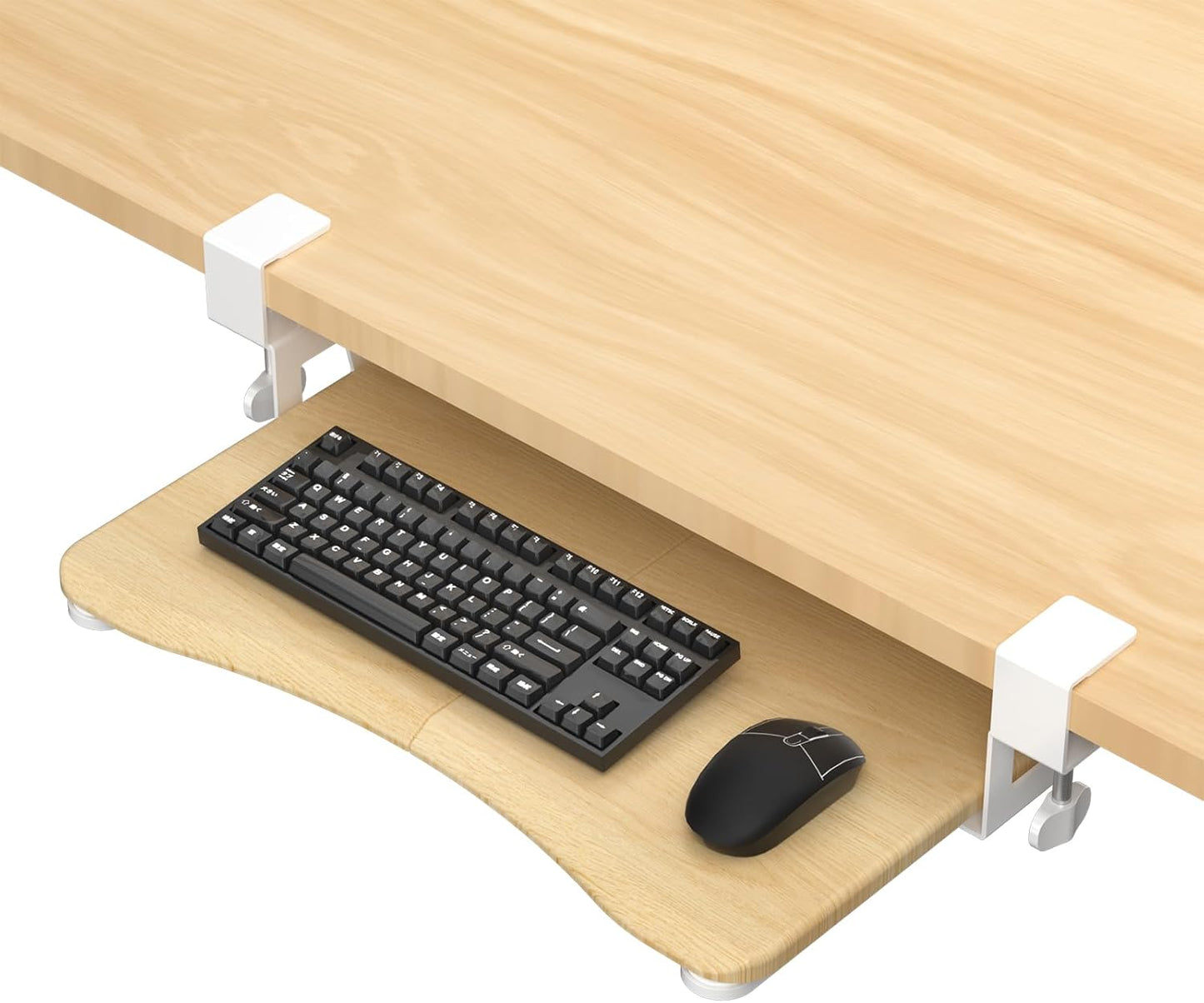 suptek Small Keyboard Tray Under Desk Pull Out with C Clamp Mount for Computer Keyboard, 20 (24.2 Including Clamps) x 11.8 inch Slide-Out Platform Computer Drawer for Typing, Light Wood, DSF1SQM
