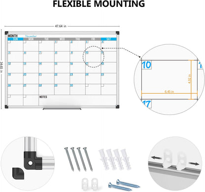 XBoard Magnetic Calendar Whiteboard 48" x 36" - Monthly Calendar Dry Erase Board, White Board + Colorful Calendar Board, Silver Aluminium Framed Monthly Planning Board
