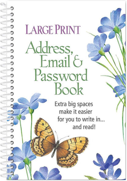 Large Print Address, Email & Password Book, Easy to Read, Spiral Bound Design, Perfect for Organizing Important Documentation – 96 Pages, Book Measures 7 1/4" L x 5" W
