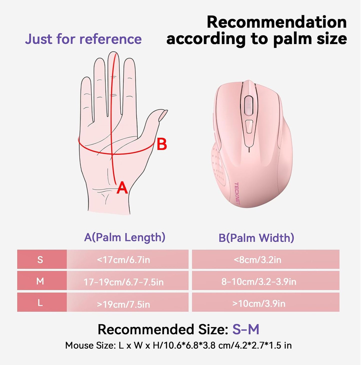 TECKNET Wireless Mouse (BT5.0/3.0 & 2.4G) Rechargeable 4800 DPI Silent USB A & Bluetooth Mouse 6 Buttons, Wide Compatibility - Pink