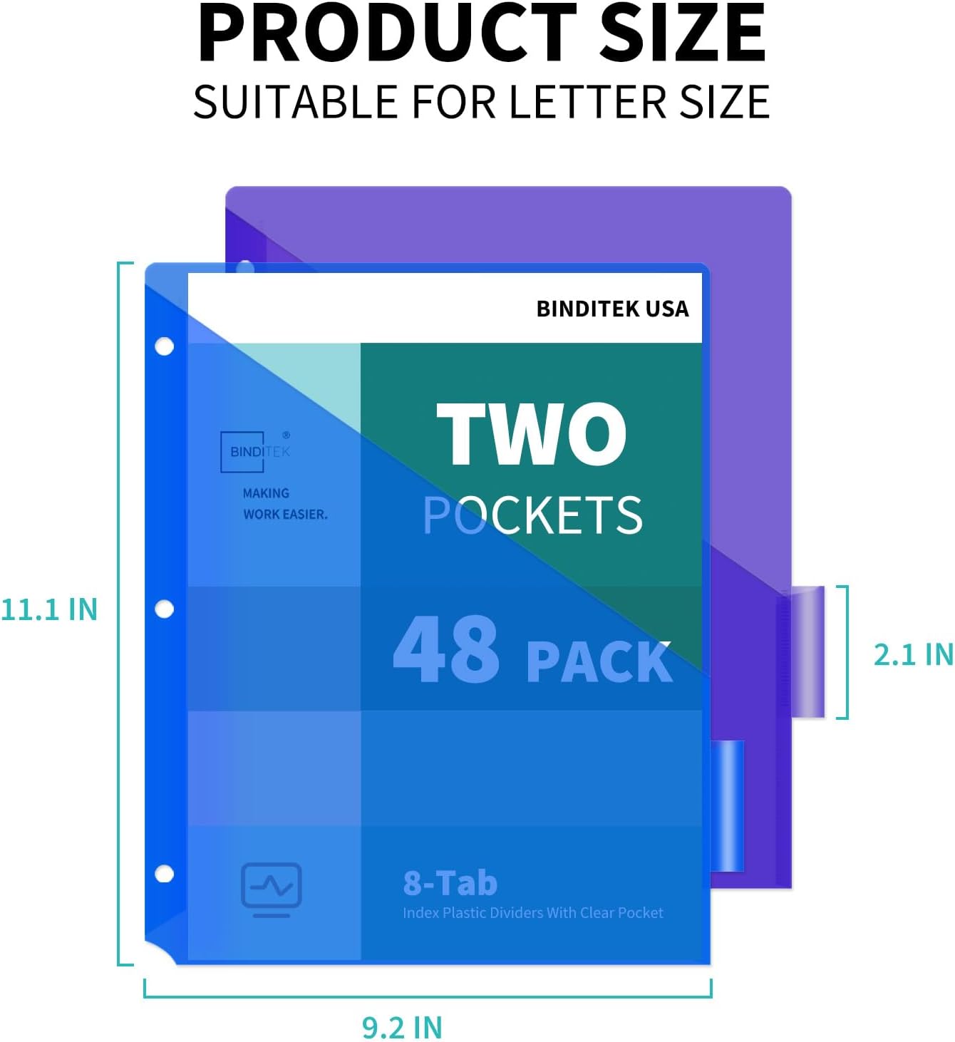 Binditek 48 Pack Plastic 8-Tab Binder Dividers with 2 Pockets, Tab Insertable Poly Pocket Dividers for 3 Ring Binders, Letter Size, Multicolor, Writable Label Cards, for Students and Coworkers, 6 Set
