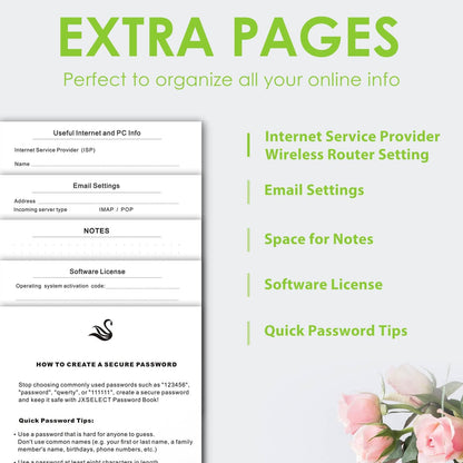 Elegant Password Book with Alphabetical Tabs - Hardcover Password Book for Internet Website Address Login - 5.2" x 7.6" Password Keeper and Organizer w/Notes Section & Back Pocket (Green)