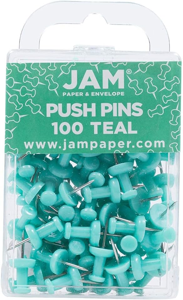 JAM PAPER Colorful Push Pins - Teal Pushpins - 100/Pack