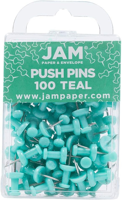 JAM PAPER Colorful Push Pins - Teal Pushpins - 100/Pack