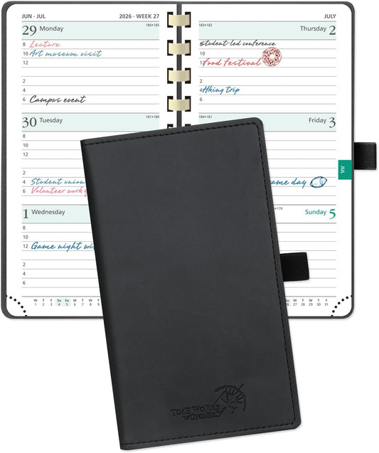 POPRUN 2026 Pocket Planner (Slim Size 3.5" x 6.5") Weekly and Monthly Calendar for Purse, with Hourly Time Slots, 100GSM Thick Paper, Spiral Soft Cover, Pen Holder - Black
