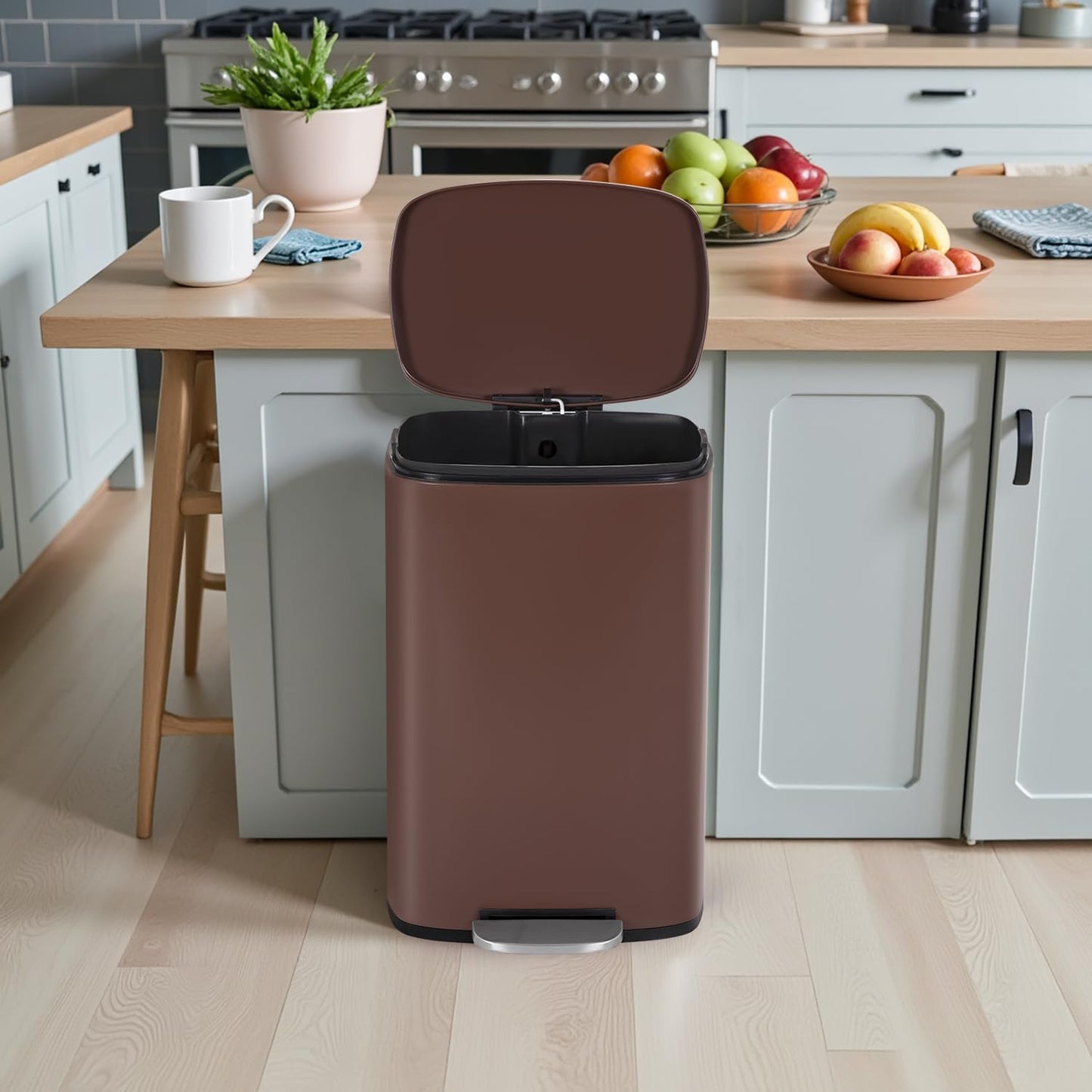 PayLessHere Stainless Steel Trash Can with Lid - Removable Inner Bucket, Foot Pedal Soft Close for Office, Home, Kitchen Garbage Bin (Brown, 13 G)