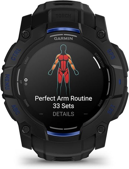 Garmin Instinct® 3 – 50 mm, AMOLED Display, Rugged Outdoor GPS Smartwatch, Built-in Flashlight, Supernova Collection Limited Edition Color, Black with Black/Bolt Blue Silicone Band