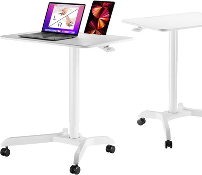 AVLT 48" Ambidextrous Standing Desk, Mobile Adjustable Height Rolling Laptop Desk, Folding Computer Projector Cart with Brake Casters, Portable White Desk for Home Office
