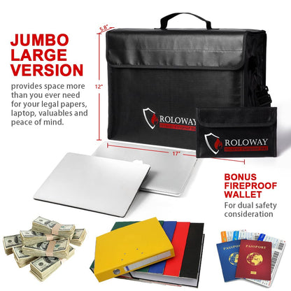 ROLOWAY Large (17 x 12 x 5.8 inches) Fireproof Bag, Water Resistant Fireproof Document Bag Safe for Money, Documents and Valuables Storage