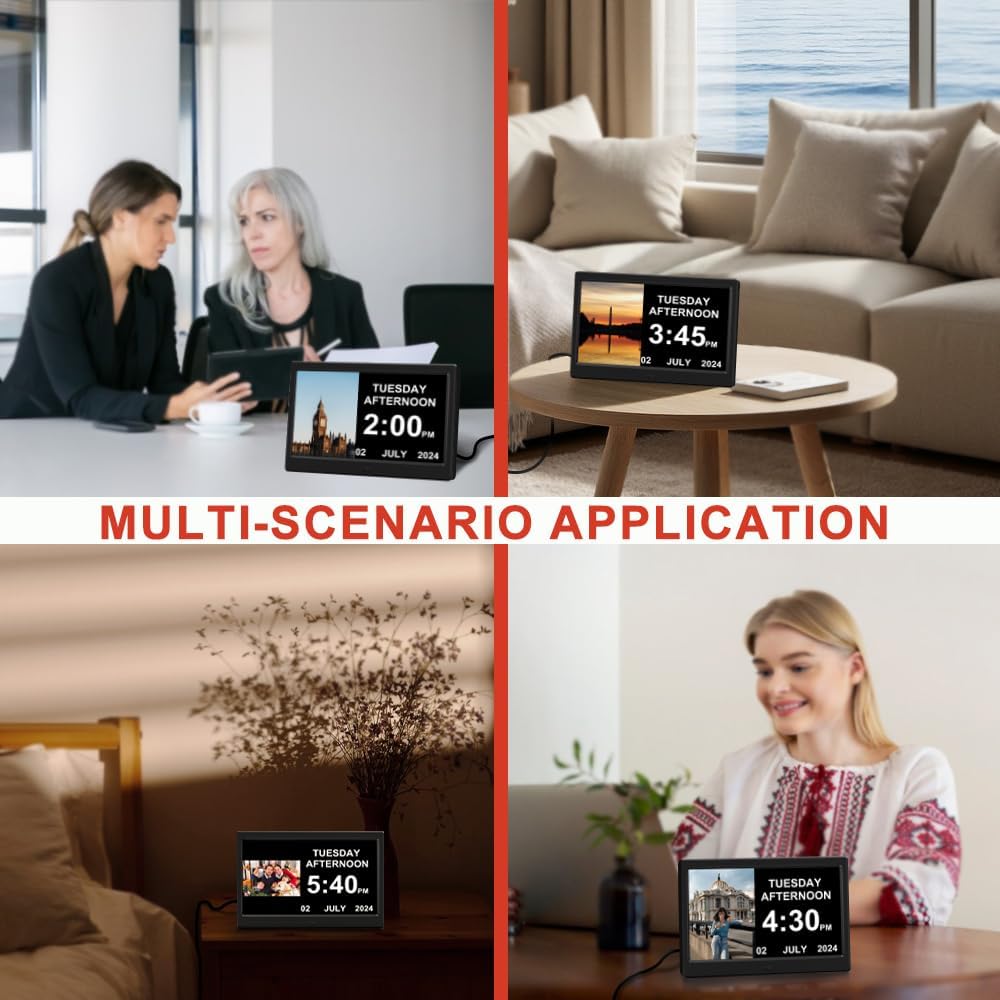 Alarm Clock with Day and Date for Elderly Digital Calendar Clock Photo Frame- Auto Dimmable Display 15 Alarm Options (10 Inch Black)