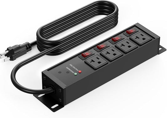 CCCEI Heavy Duty Surge Protector Power Strip 20 Amp Individual Switches. 4FT 12 Gauge Extension Cord with Multiple Outlets. Kitchen, Garage, Shop, Industrial Wall Mount Electric Extender, Black.