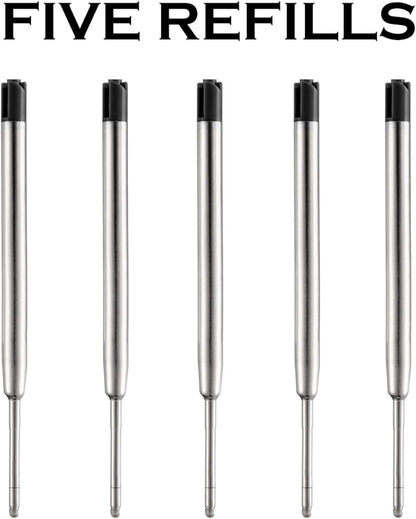 HeTaoCat Black Ink Refill Pack of 5, Replaceable Ballpoint Pen Refills, Medium Point Metal Refil (Black)