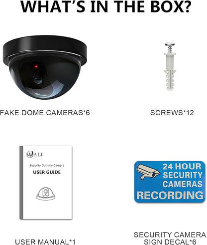 WALI Dummy Fake Security CCTV Dome Camera with Flashing Red LED Light with Security Alert Sticker Decals (SD-6), 6 Packs, Black
