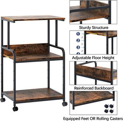 Printer Stand with Storage Shelf,3 Tier Printer Cart with Wheels,Mobile Printer Table for Home Office,Stands for Printer Heat Press Scanner Fax,Industrial Style (Brown)