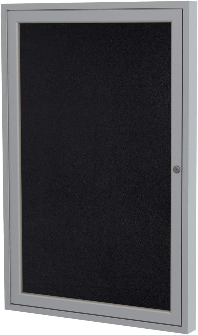 Ghent 36"x30" 1-Door indoor Enclosed Recycled Rubber Bulletin Board, Shatter Resistant, with Lock, Satin Aluminum Frame,Black (PA13630TR-BK) ,Made in the USA