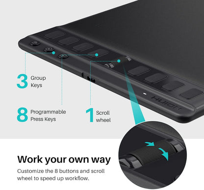HUION Inspiroy 2 Medium Drawing Tablet with Scroll Wheel 8 Customized Keys Battery-Free Stylus 60° Tilt Support for Digital Art, Design, Sketch, 9x5inch Graphics Tablet, Black