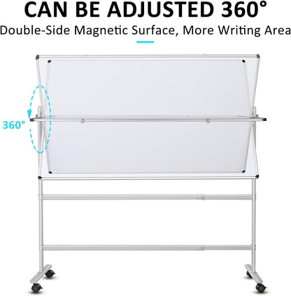 Large Rolling White Board 48x36 in, Dry Erase Board with Stand, Double-Sided Magnetic Mobile Whiteboard, Height-Adjustable for Office Classroom and Home