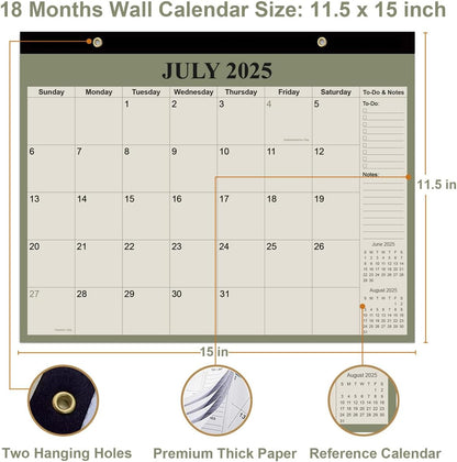 Desk Calendar 2025-2026 - 18 Months Calendar from July 2025 to December 2026, Calendar 2025-2026 with Thick Paper for Office Home School Organizing, 14" X 11", Green