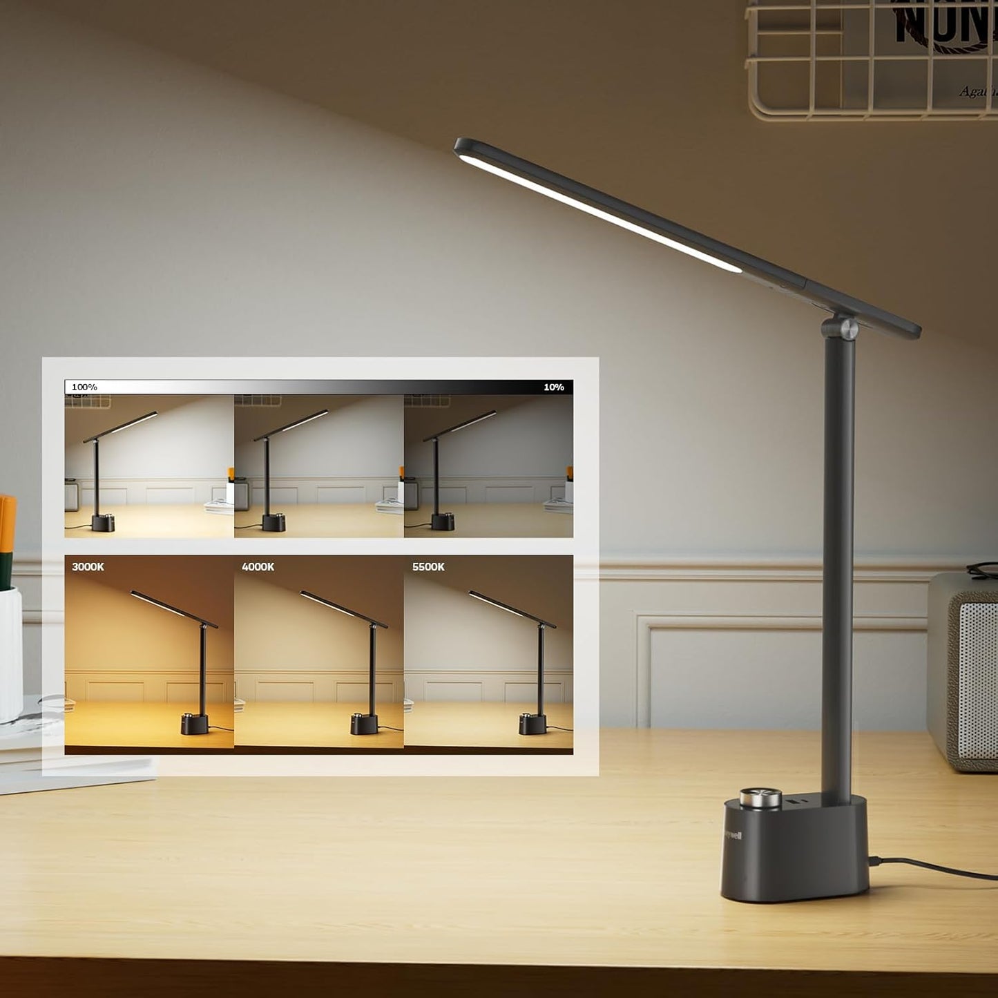 Honeywell Upgraded LED Desk Lamp - H01 Pro Sunturalux™ Foldable Desk Light with USB A+C Charging Ports, 3 Color Modes Dimmable Table Lamp for Home Office Reading(Black)