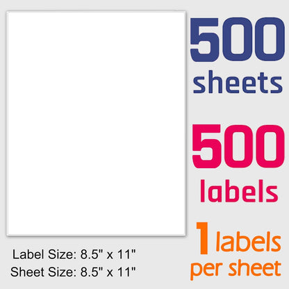 Printable White Sticker Labels, 500 Sheets 8.5" x 11" Full Sheet Label Stickers Paper for Laser & Inkjet Printer - Matte, 500 Labels