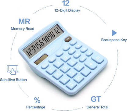 Blue Office Calculator - 12 Digit Desktop LCD Display with Sensitive Buttons