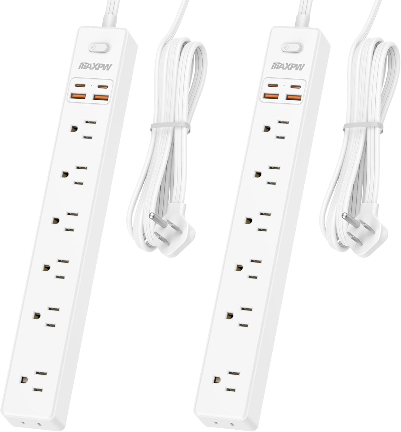 2 Pack Power Strip Surge Protector - 7 Outlets 4 USB Ports (2 USB C), 6 Ft Ultra Thin Flat Plug Extension Cord, 1875W/15A, 1700 Joules, Wall Mount for Home Office Dorm, White