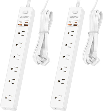 2 Pack Power Strip Surge Protector - 7 Outlets 4 USB Ports (2 USB C), 6 Ft Ultra Thin Flat Plug Extension Cord, 1875W/15A, 1700 Joules, Wall Mount for Home Office Dorm, White