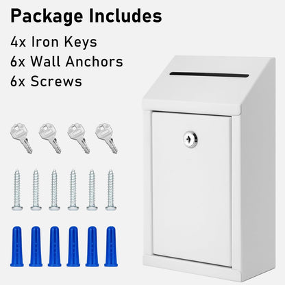 Metal Donation Box with Lock, Wall Mounted, Suggestion Box with 4 Iron Keys, White, Cash Drop Box with Slot, 1-Pack