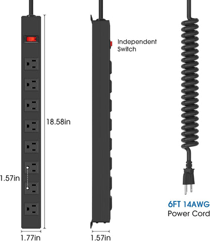 2Pack 8 Outlet Metal Wall Mount Power Strip, Mountable Outlet with Switch, Heavy Duty Wide Spaced Surge Protector, 6 FT SJT 14AWG Black Spring Cord.