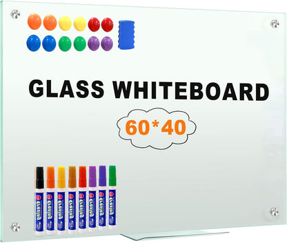H-Qprobd Glass Whiteboard 60"x40" Magnetic Dry Erase White Board for Wall, Includes 12 Magnets, 8 Markers and 2 Erasers