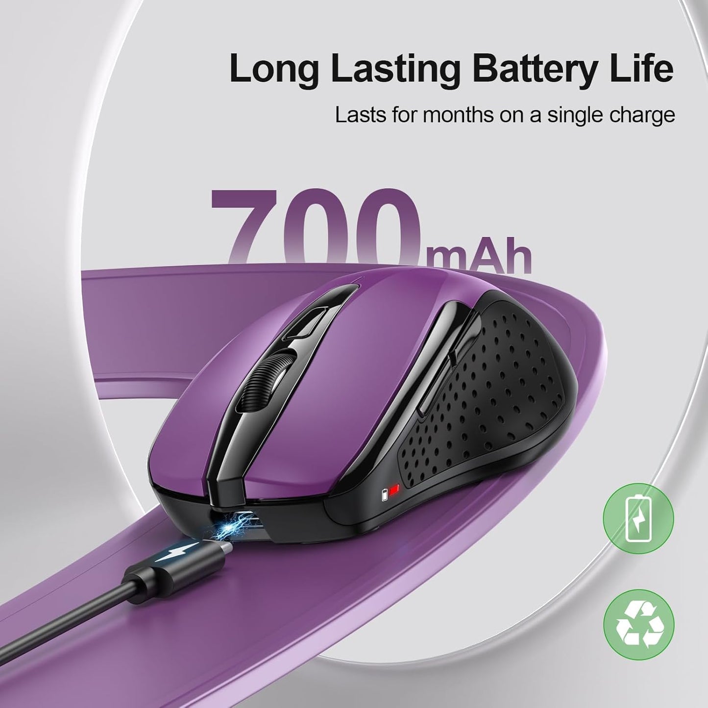 TECKNET Wireless Mouse (BT5.0/3.0 & 2.4G) Rechargeable 4800 DPI Silent USB A & Bluetooth Mouse 6 Buttons, Wide Compatibility - Purple