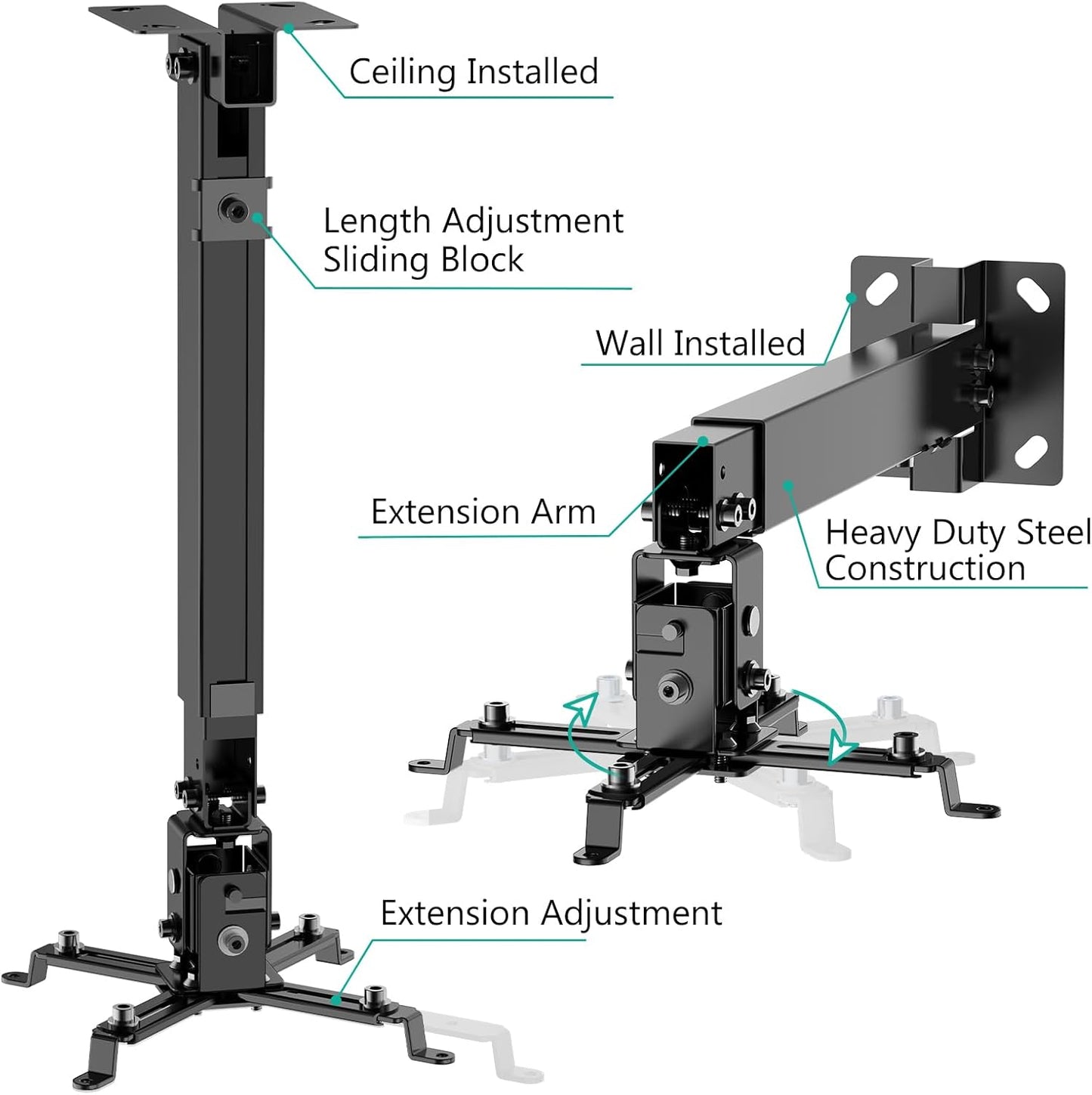 WALI Projector Ceiling or Wall Mount, Universal Height Adjustable Mount Holder with Extension Pole for LCD/DLP Projectors, Hold up to 44lbs (PM-003-B), Black