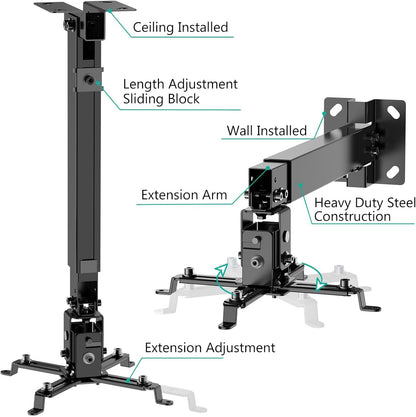 WALI Projector Ceiling or Wall Mount, Universal Height Adjustable Mount Holder with Extension Pole for LCD/DLP Projectors, Hold up to 44lbs (PM-003-B), Black