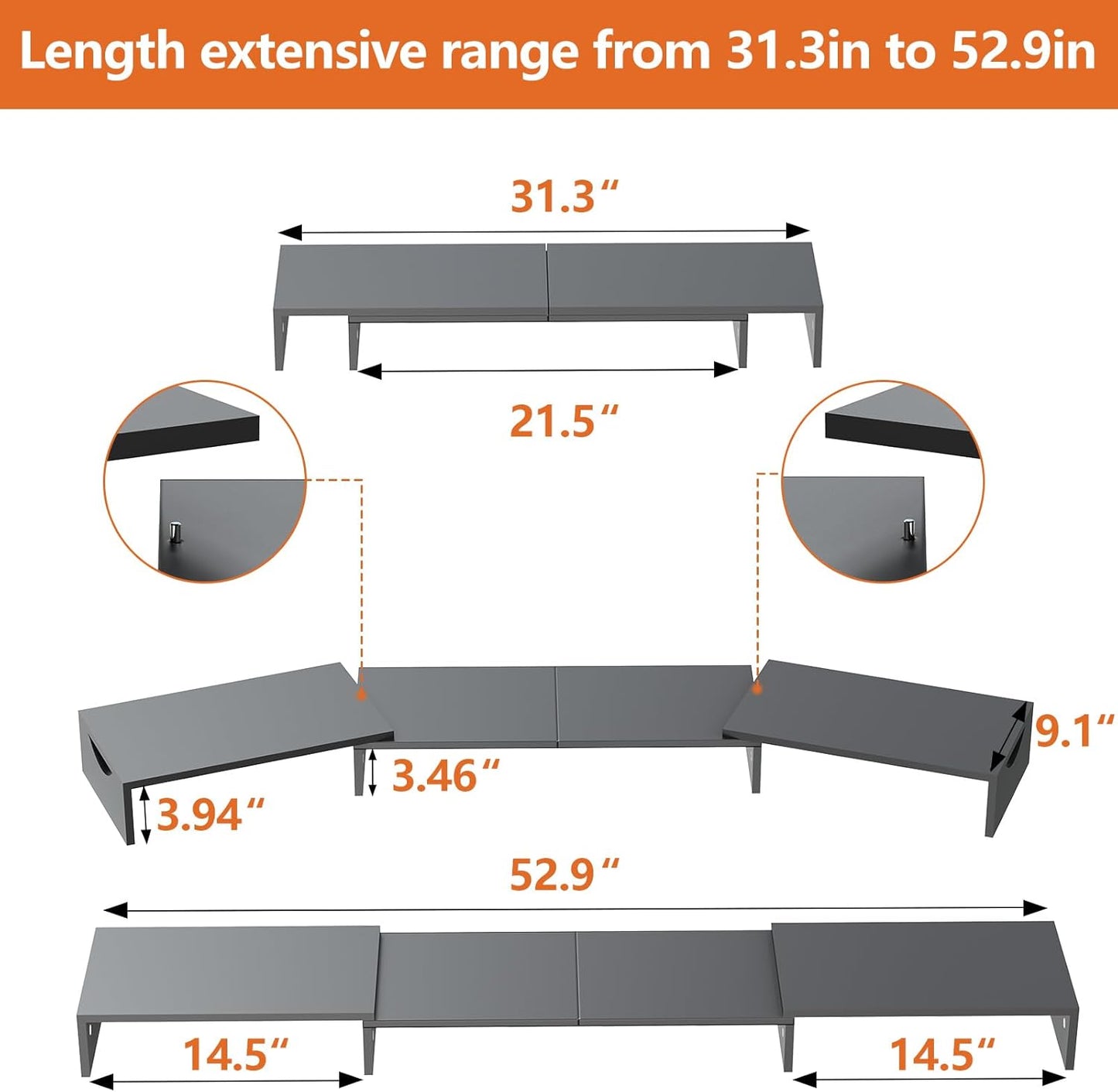 Triple Monitor Stand Riser, Extra Long Monitor Riser for 1~2~3 Monitors, Dual Monitor Stand with Length and Angle Adjustable, 3 Shelf Monitor Stand for Desk