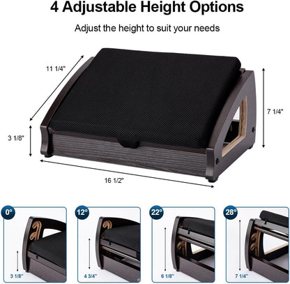 StrongTek Wood Ergonomic Footrest - 4-Angle Adjustable Foot Stool for Desk, Office Footrest, Anti-Slip Foot Stand for Under Desk, Enhances Posture, Promotes Blood Circulation, Easy Assembly (Espresso)