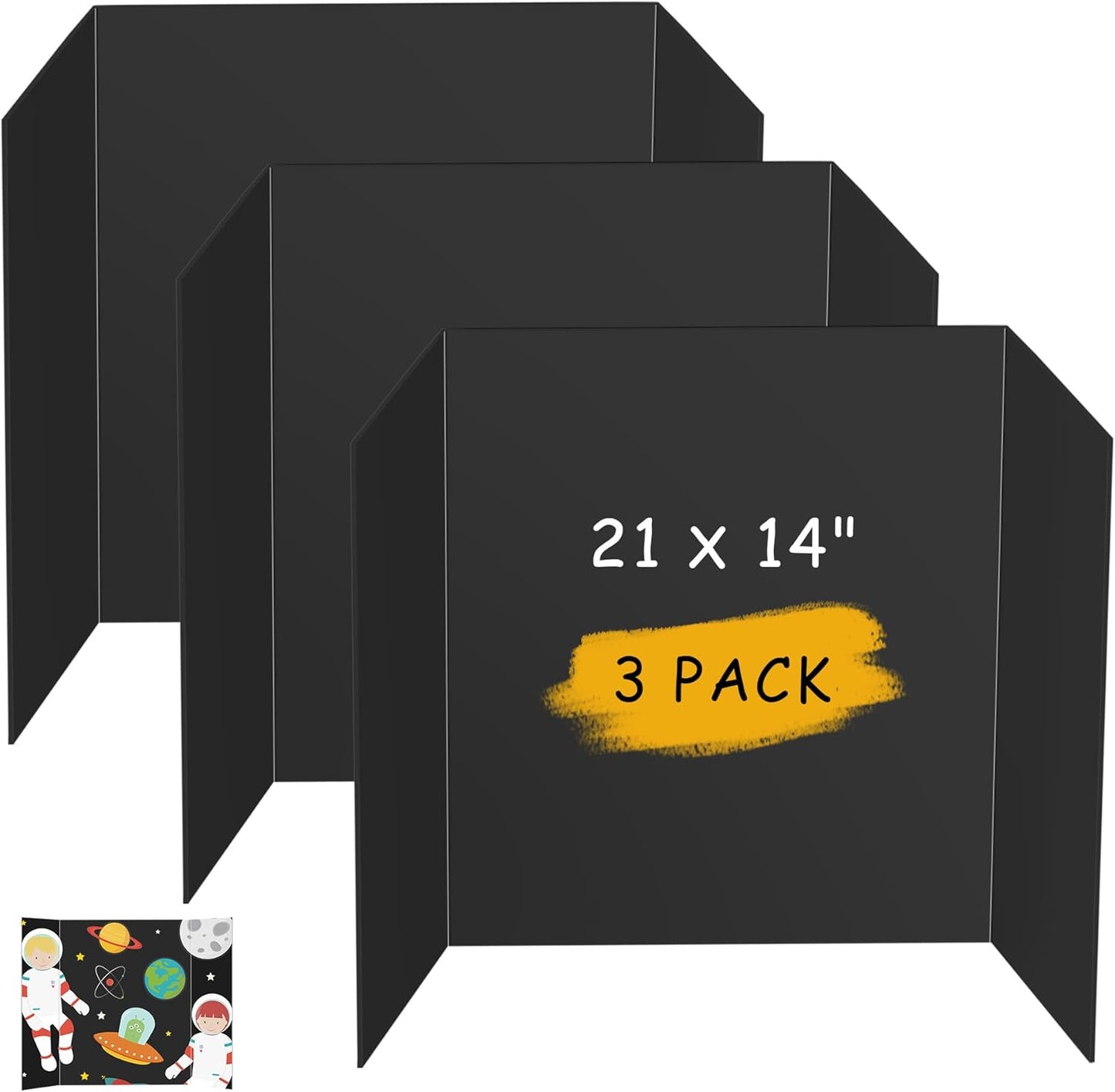 HAUTOCO 3 Pcs Small Trifold Poster Board 21 x 14 inches Tri Fold Presentation Boards Black Corrugated Project Boards for Science Fair, School Project, Event Displays, Business