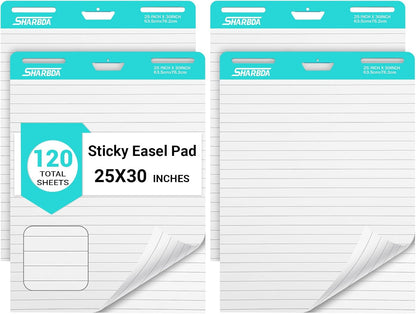 Lined Sticky Easel Pad, 25 in x 30 in,Flip Chart Paper,Sticky Chart Paper for Teachers, Large Self-Stick Easel Paper,Super Sticky & Bleed-Resistant,30 Sheets/Pad,4 Pads