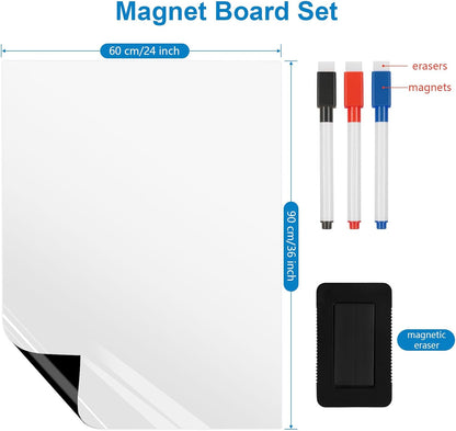 Magnetic Fridge White Board Paper, 24" x 36" Large Dry Erase Board Sheet for Organizer and Planner, Kitchen Refrigerator Whiteboard for Family to-do List, Includes Markers and Eraser