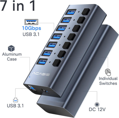 Powered USB 3.1 Hub, ACASIS 7 Ports USB 3.1 Hub with 10Gbps Data Speed，Aluminum Housing, USB Hub Powered with 24W Power Adapter, USB Hub for PC/Laptop, Computer, Flash Drive, Printer, Camera