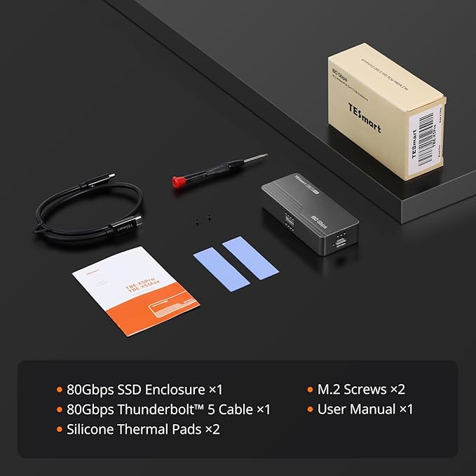 TESmart 80Gbps M.2 NVMe SSD Enclosure with JHL9480 Chip, PCIe 5.0 SSD | Compatible with Thunderbolt 5/4/3/USB4 v2/USB4, Smart Cooling | 8TB Max | High-Speed 7000MB/s External Storage(TBE-X5PRO)