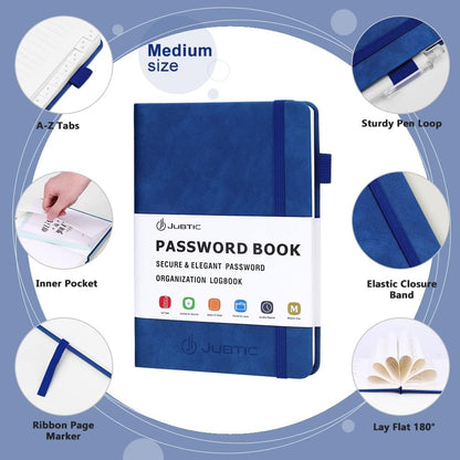 JUBTIC Password Book with Alphabetical Tabs. Medium Size Password Keeper Logbook for Internet Log in, Website Address. Hardcover Password Journal Notebook & Organizer for Home Office, Arabian Blue