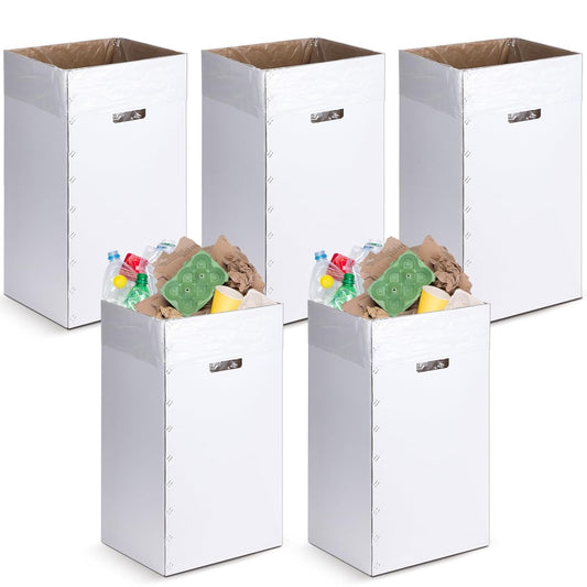 Tioncy 5 Pcs Cardboard Trash Cans Disposable and Reusable Corrugated Cardboard Trash Cans Recycling Bins Bulk with 10 Garbage Bags White Garbage Boxes for Parties Events