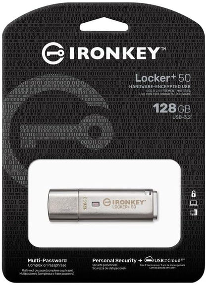 Kingston Ironkey Locker+ 50 128GB Encrypted USB Flash Drive | USB 3.2 Gen 1 | XTS-AES Protection | Multi-Password Security Options | Automatic Cloud Backup | Metal Casing | IKLP50/128GB