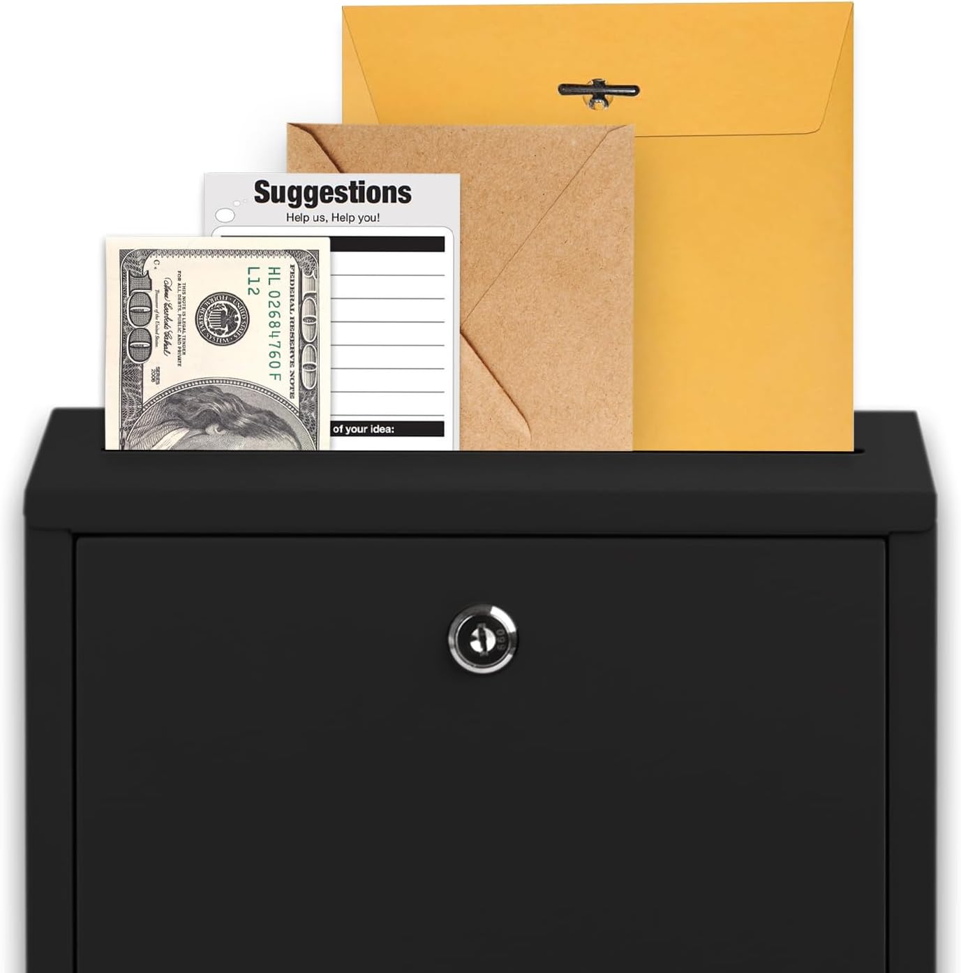Suggestion Box with Lock and Slot, Wall Mounted Metal Drop Box with 4 Keys, Secure Locking Box for Cash and Ballots, Office Mailbox, 10.4 x 2.9 x 11 Inch, Black