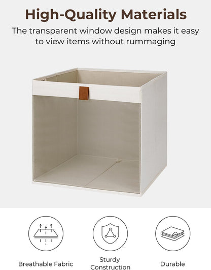 StorageWorks 13x13 Storage Cubes, Closet Storage Bins with Clear Window, Large Fabric Organizer for Clothes, Collapsible Storage Baskets with PU Handles, Beige, 3-Pack